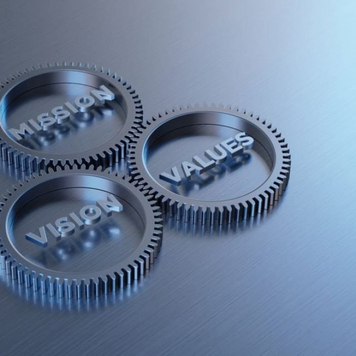 Metal cogs are turning. Mission, vision and values words are written on the cogs. Horizontal composition with copy space.